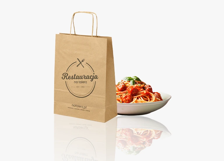 cateringowa torba papierowa z nadrukiem restauracja na talerzu - do zabrania potraw na wynos